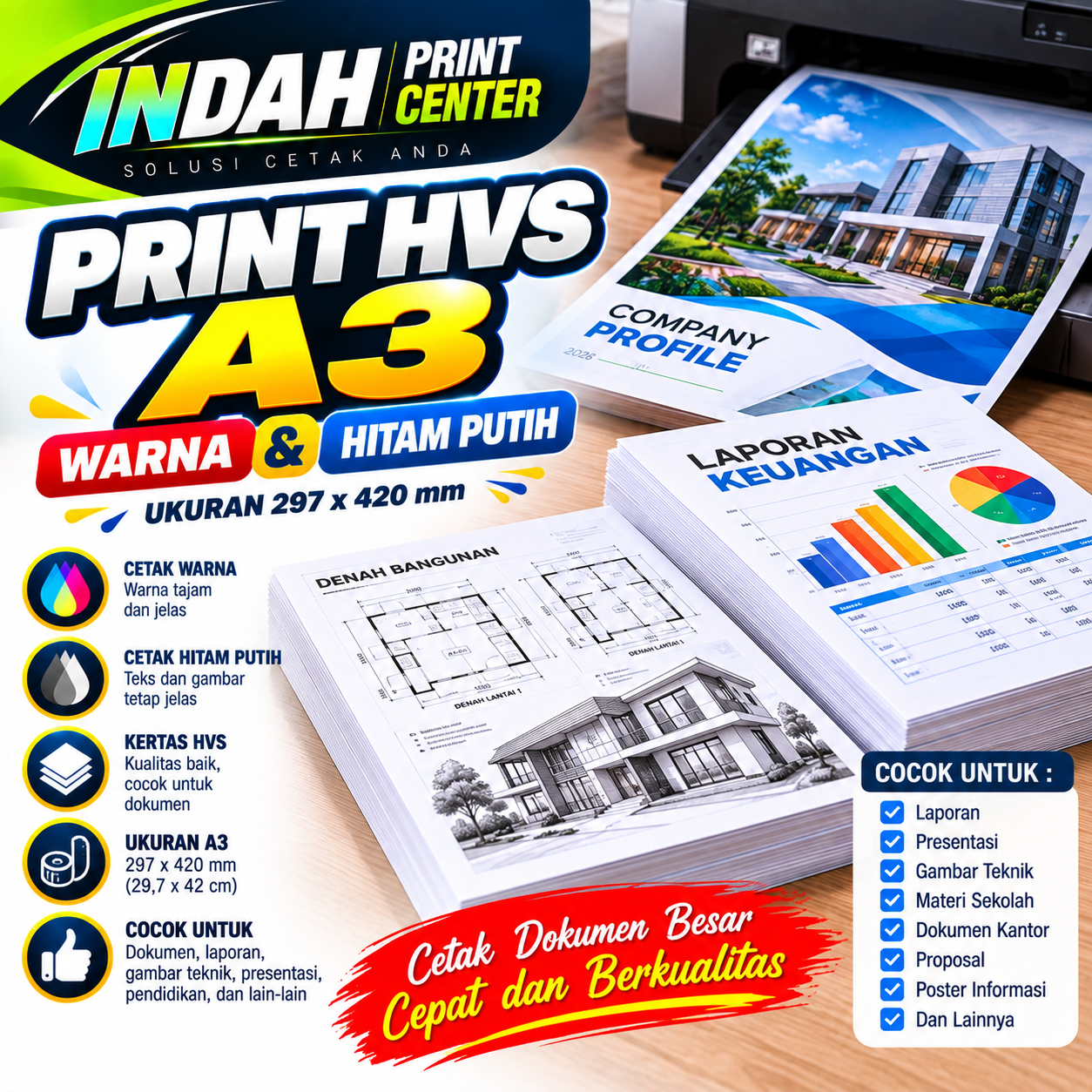 Cetak HVS A3 Warna / Hitam Putih